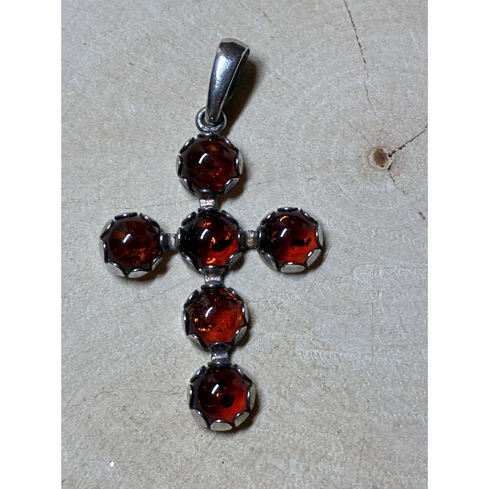 Vintage 925 Sterling Silver Baltic Amber Cognac Cross Pendant
